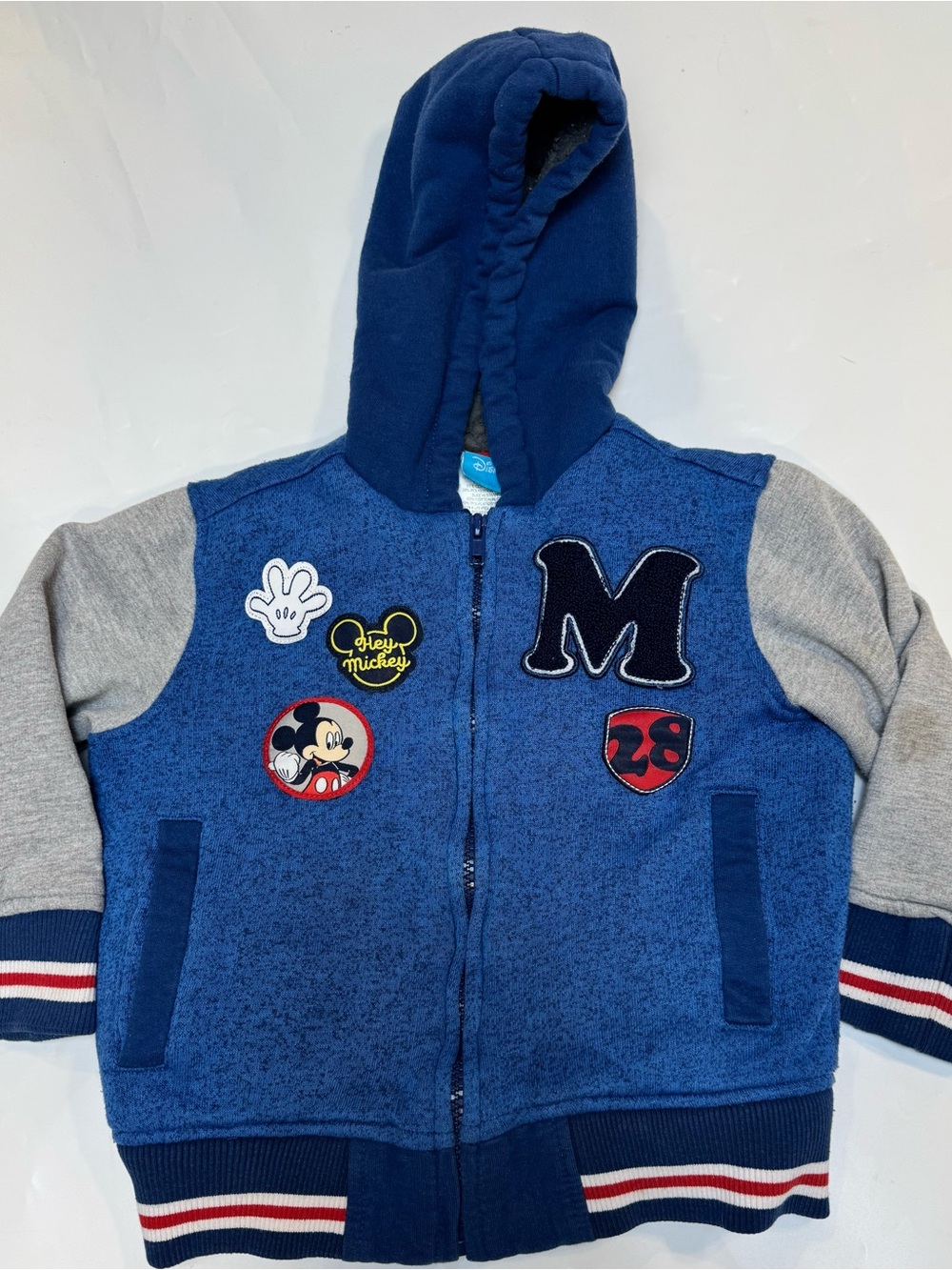 Disney Blue Hooded Mickey Patch Jacket with Gray Sleeves 3T